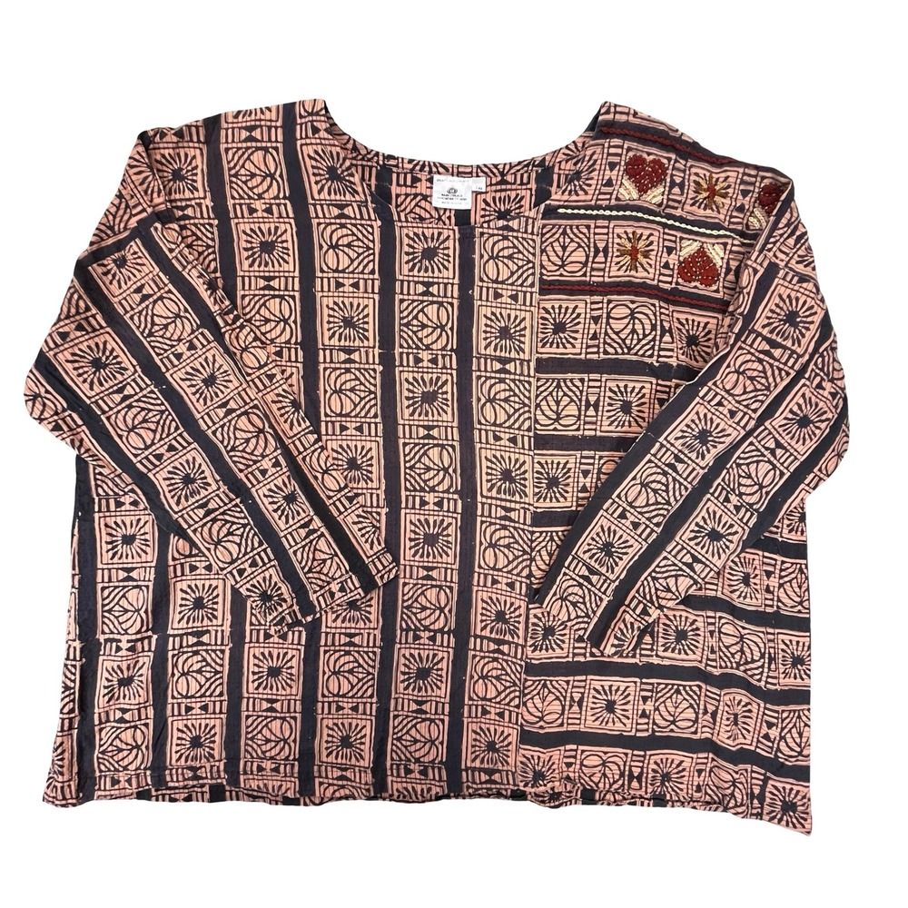 Dignity Not Charity Womens Block Print Top Terracotta Black Boho Embroidered 1W